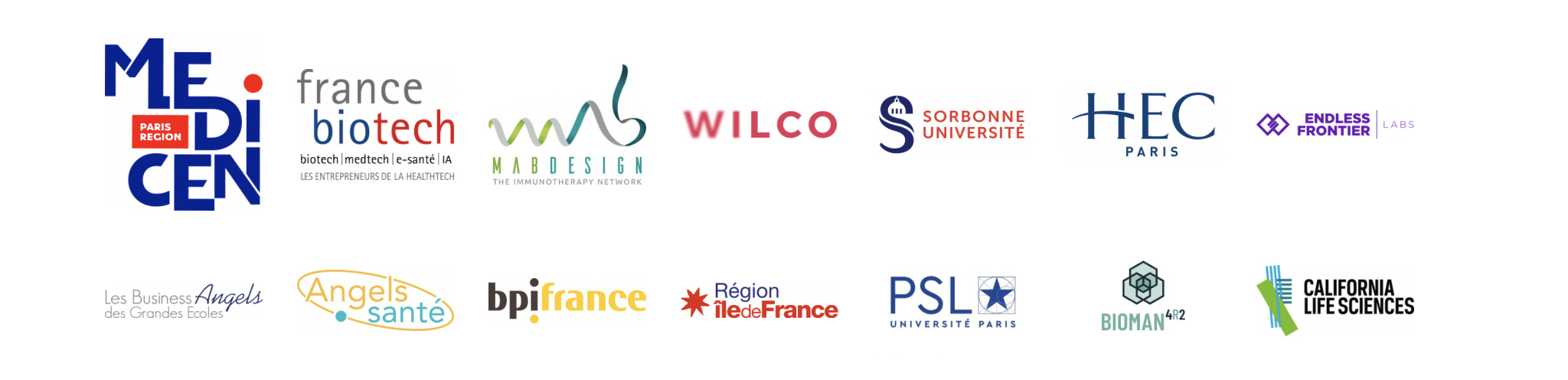 Institutional partners — Medicen, France Biotech, MabDesign, Wilco, Sorbonne Universit&eacute;, HEC Paris, Endless Frontier Labs, Business Angels, Angels Sant&eacute;, Bpifrance, R&eacute;gion &Icirc;le-de-France, PSL, Bioman4R2, California Life Sciences